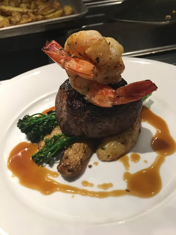 Filet topped with shrimp